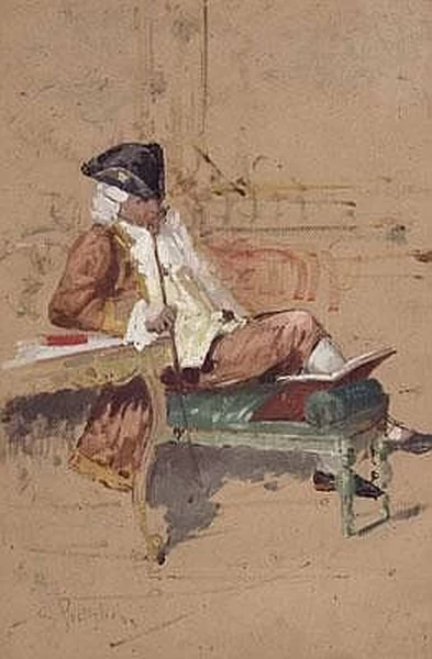 Gentiluomo seduto con un libro in abiti rococò